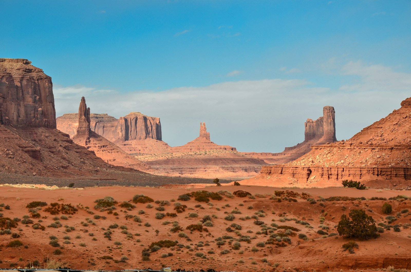 Red sandstone buttes and mesas rising from a desert landscape in Monument Valley, Oljato-Monument Valley, United States