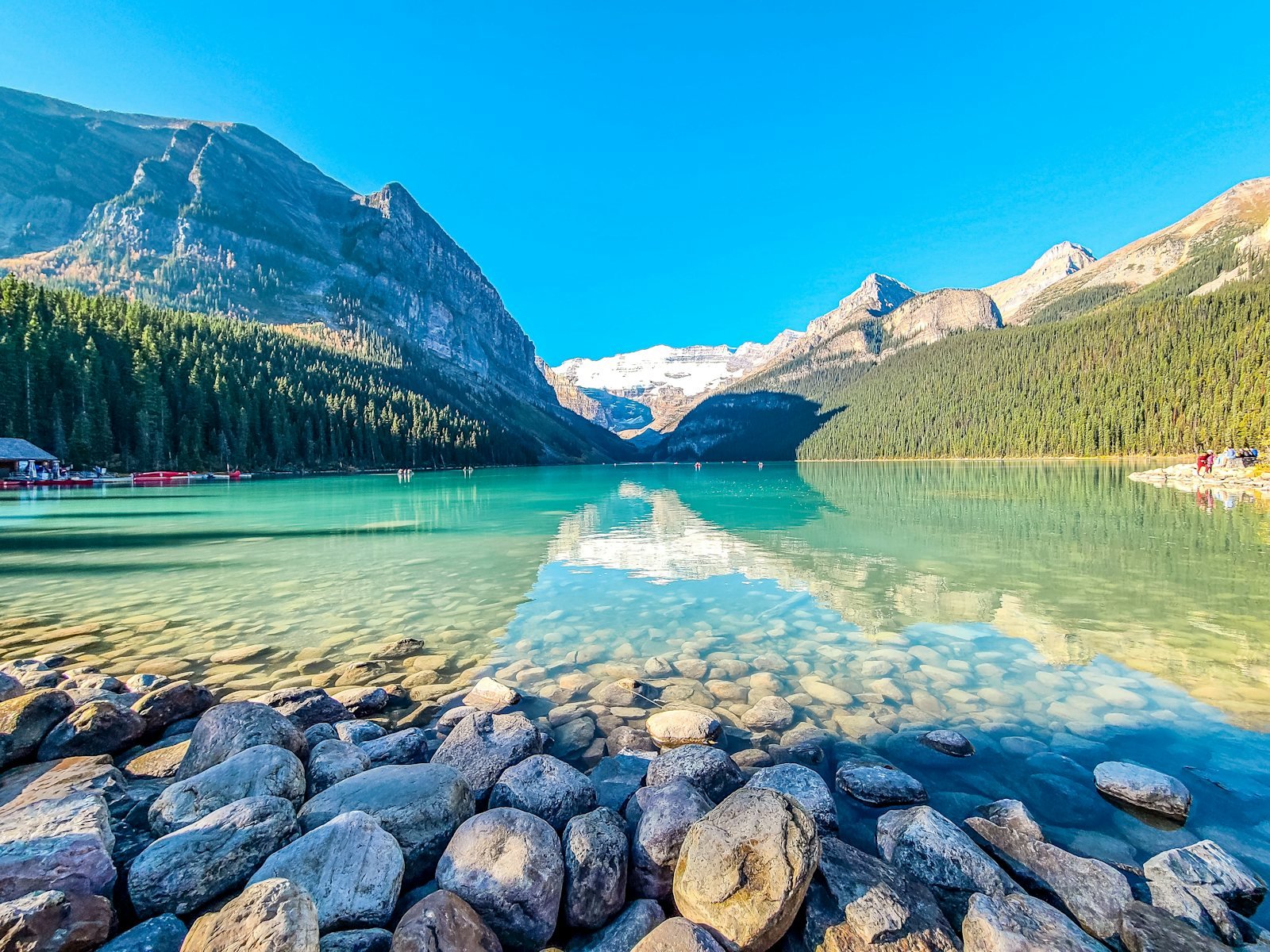 A lake surrounded by mountains and a forest, Lake Louise, Lake Louise, Canada