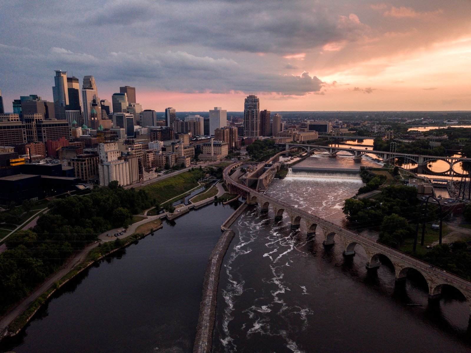 Aerial shot of concrete structures near body of water, 1301 1st Ave S, Minneapolis, MN 55403, USA, United States