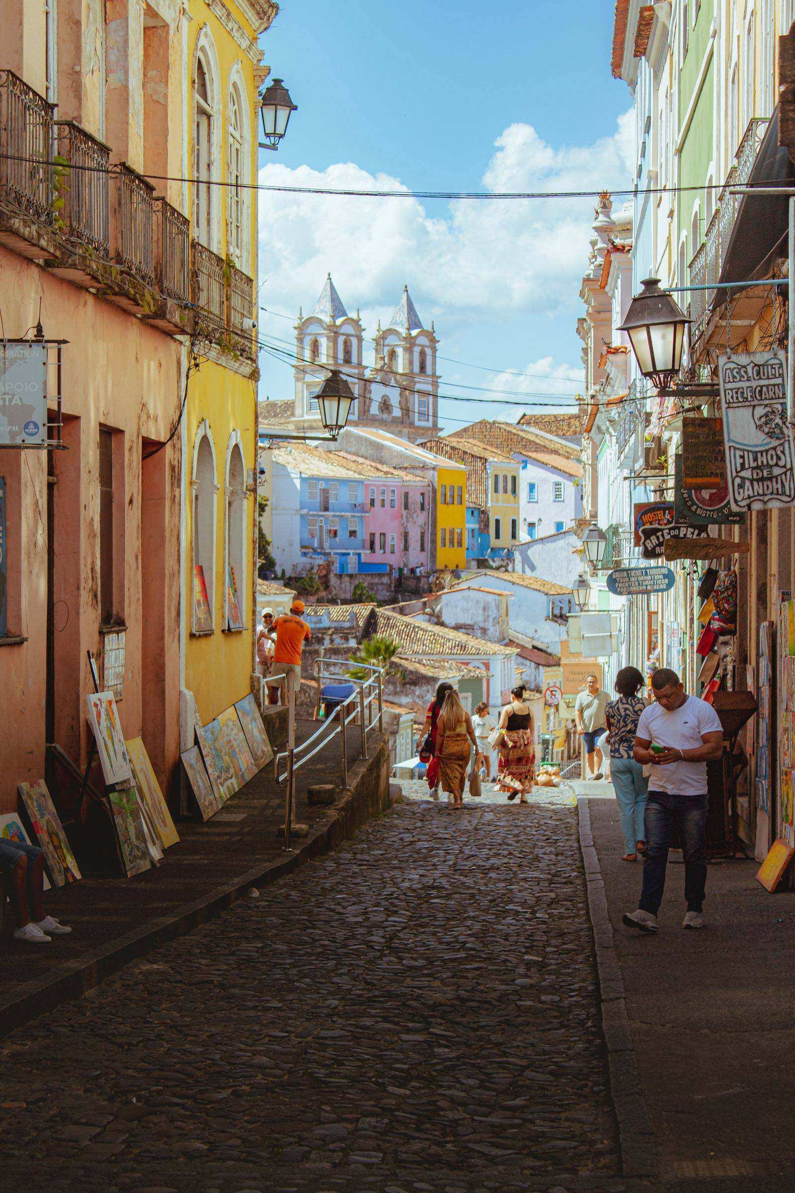 Colorful colonial buildings on a cobblestone street in Pelourinho, Salvador