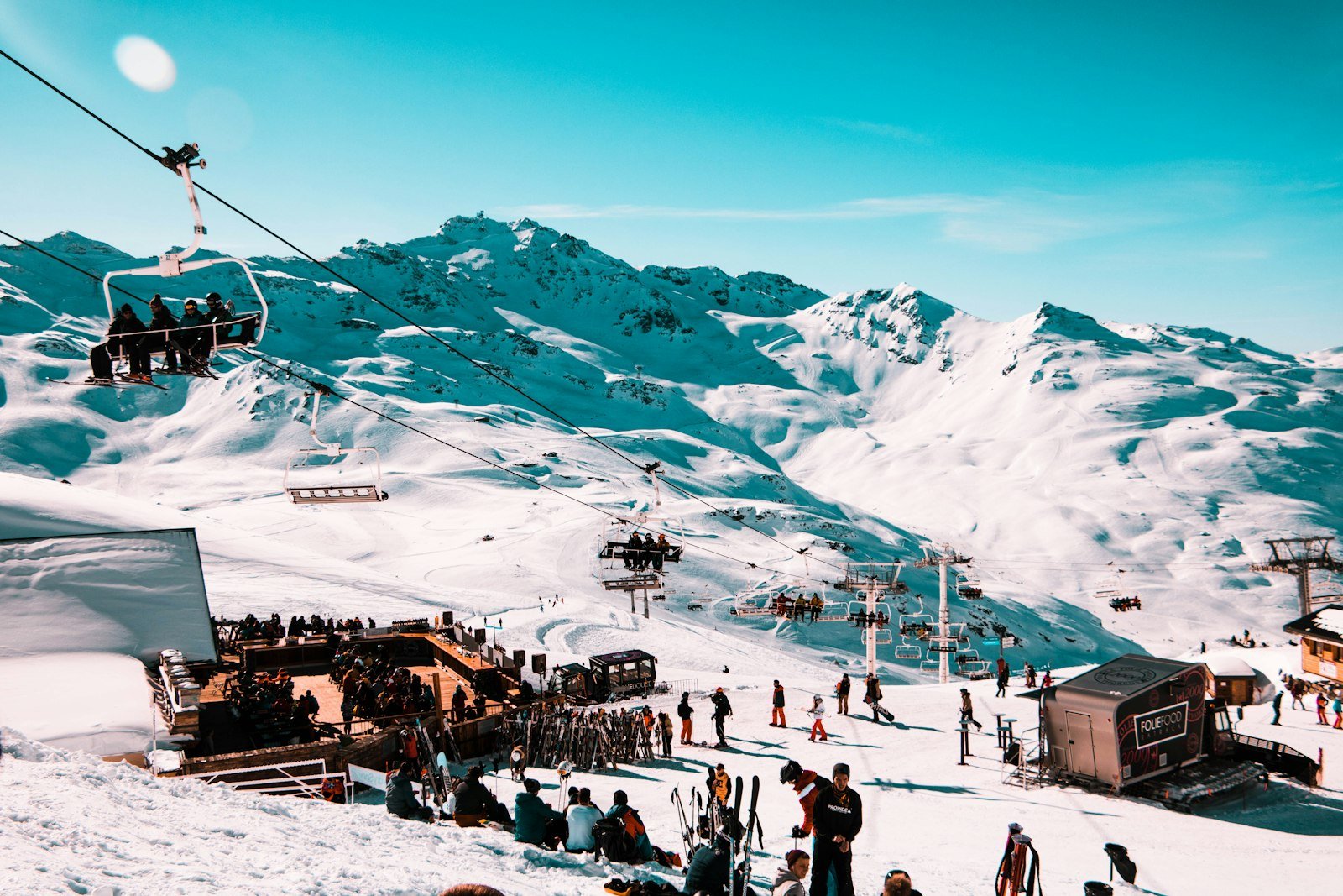 Crowd gathered on snowy mountain park, La Folie Douce, Val Thorens, France