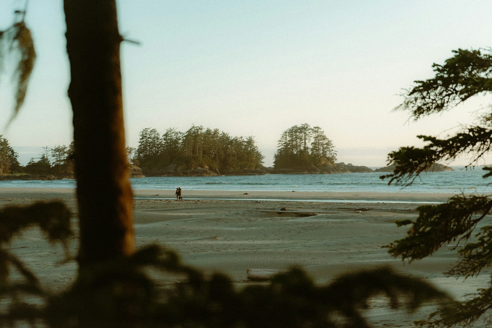 Person walking on a beach near the ocean, Chesterman Beach, Tofino, BC, Canada